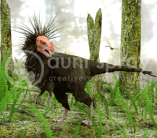 Dinosaur Ornitholestes In Swamp Forest