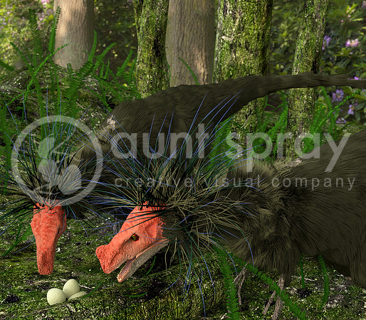 Dinosaur Ornitholestes Tend To Their Nest